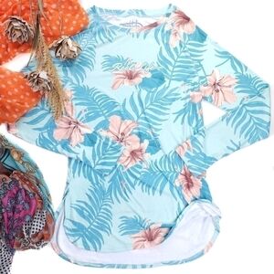 New Reel Life Teal Floral Long Sleeve Compression Top Sz XL